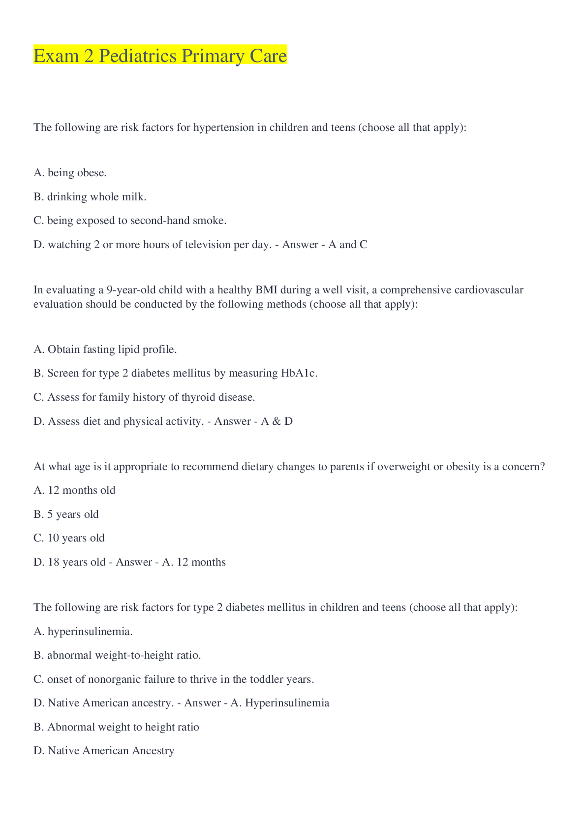 Preview image for Exam 2 Pediatrics Primary Care Questions And Answers